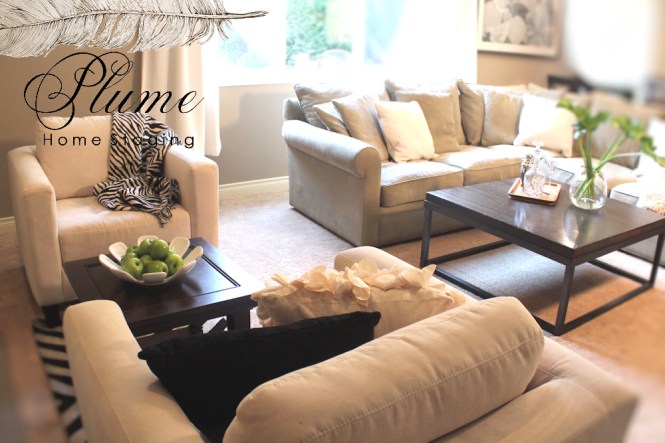 Staged seating allows buyers to visualize the scale of the room