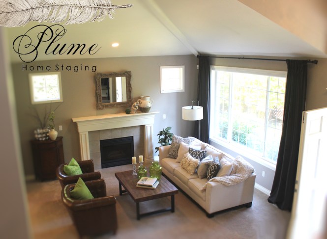 Furniture edited and rearranged to create breathing spce from walls and opens up wall to picture window.